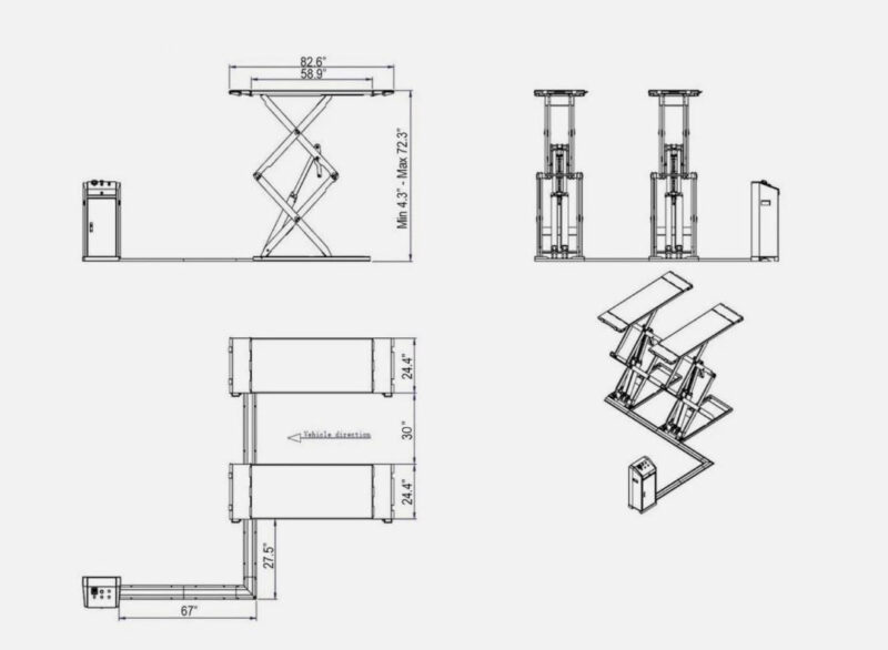 Bản vẽ CAD xe nâng người bao gồm các hình chiếu quan trọng như mặt bằng, mặt cắt, mặt đứng và các bộ phận chi tiết 